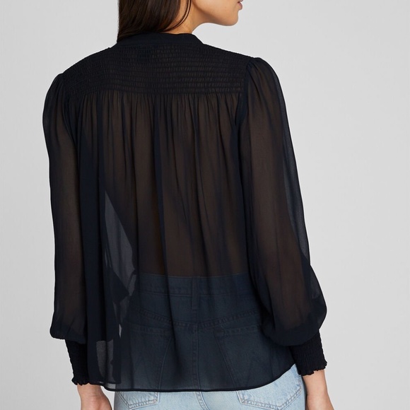 New! CLUB MONACO Smocked Yoke Sheer Blouse, Classic Black, Size Large - Picture 4 of 5